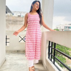 PINK MOTIF LONG STRAIGHT KURTI