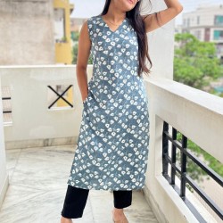 GREY LEAF MOTIF LONG STRAIGHT KURTI