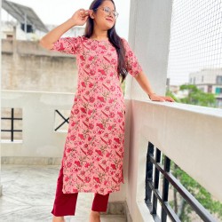 PINK FLORAL KANTHA LONG STRAIGHT KURTI