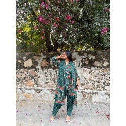 DARK GREEN FLORAL MOTIF AFGHANI SET