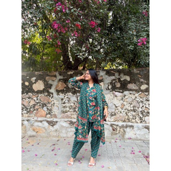 DARK GREEN FLORAL MOTIF AFGHANI SET