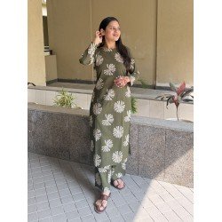 OLIVE GREEN FLOWER MOTIF KURTA BOTTOM SET