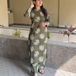 OLIVE GREEN FLOWER MOTIF KURTA BOTTOM SET