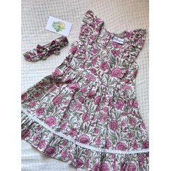 WHITE PINK FLORAL MOTIFS KIDS FROCK