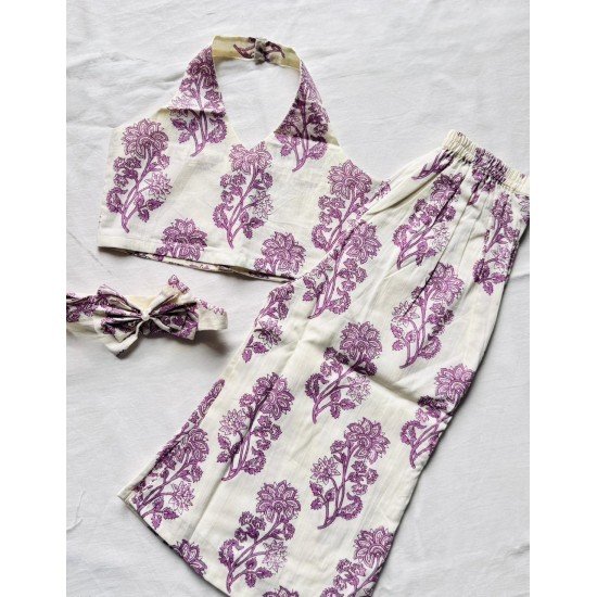 LILAC MOTIFS HALTER NECK BACKLESS KIDS TOP AND BOTTOM SET LILAC MOTIFS HALTER NECK BACKLESS KIDS TOP AND BOTTOM SET