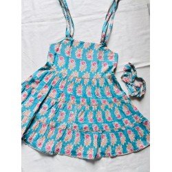 BLUE FLORAL MOTIFS KIDS TIE KNOT SLEEVE FROCK