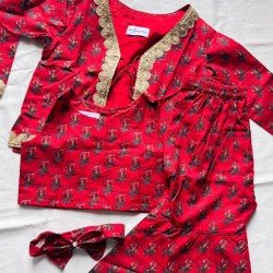 RED LITTLE FLORALS MOTIF FESTIVE CO-ORD SET WITH JACKET KIDS DRESS