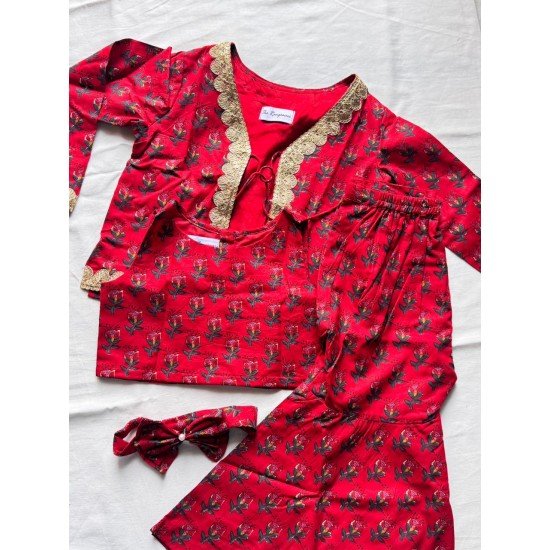 RED LITTLE FLORALS MOTIF FESTIVE CO-ORD SET WITH JACKET KIDS DRESS