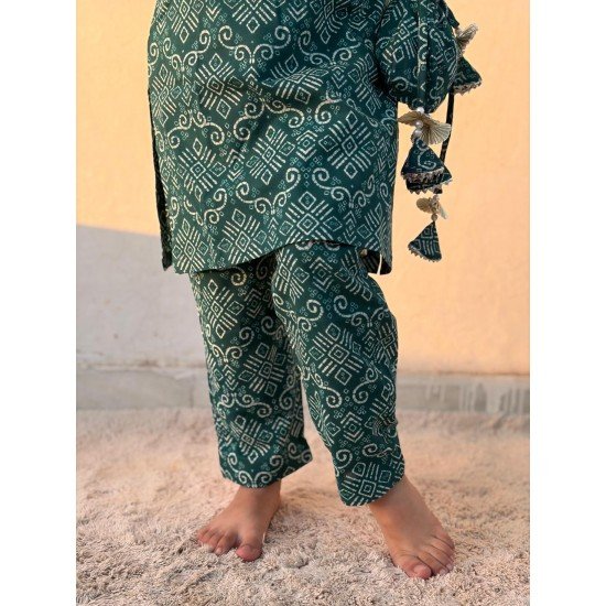TEAL BANDHANI MOTIF KIDS KURTA PANT SET