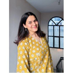 MUSTARD MOTIF HANDBLOCK ANGRAKHA CHANDNI TOP