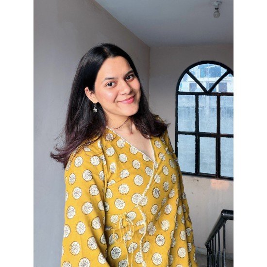 MUSTARD MOTIF HANDBLOCK ANGRAKHA CHANDNI TOP