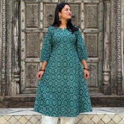 TEAL BANDHANI MOTIF A LINE KURTI