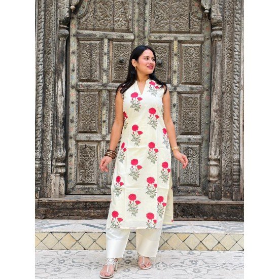 RED FLOWER BOOTA LONG STRAIGHT KURTI