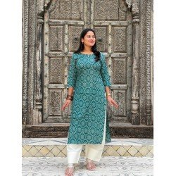 TEAL BANDHANI MOTIF LONG STRAIGHT KURTI