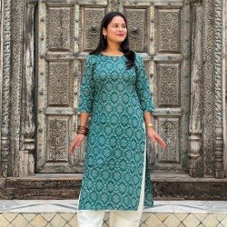 TEAL BANDHANI MOTIF LONG STRAIGHT KURTI