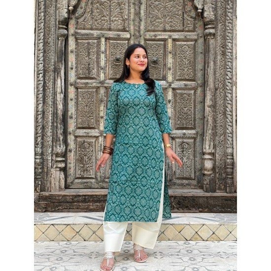 TEAL BANDHANI MOTIF LONG STRAIGHT KURTI