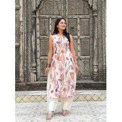 BEIGE MAUVE FLORAL LONG STRAIGHT KURTI