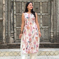 BEIGE MAUVE FLORAL LONG STRAIGHT KURTI