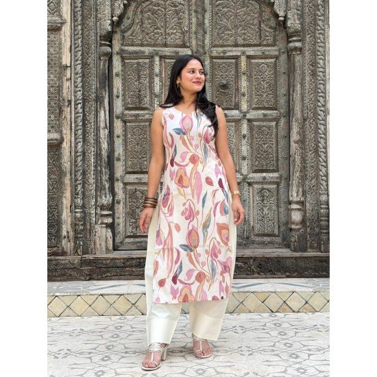 BEIGE MAUVE FLORAL LONG STRAIGHT KURTI