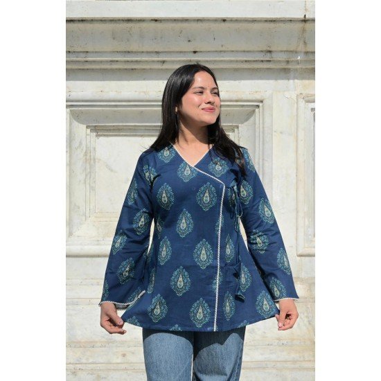 MUSTARD MOTIF HANDBLOCK ANGRAKHA CHANDNI TOP
