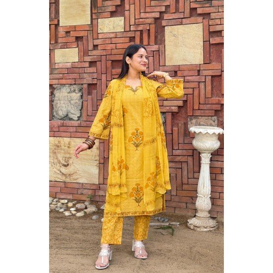 MUSTARD SCHIFFILI PRINTED COTTON SUIT SET