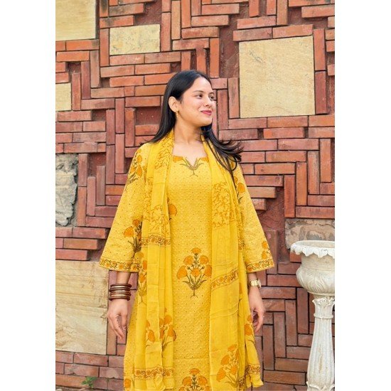 MUSTARD SCHIFFILI PRINTED COTTON SUIT SET