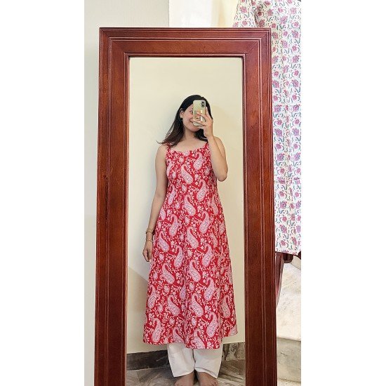 RED MOTIF A LINE KURTI