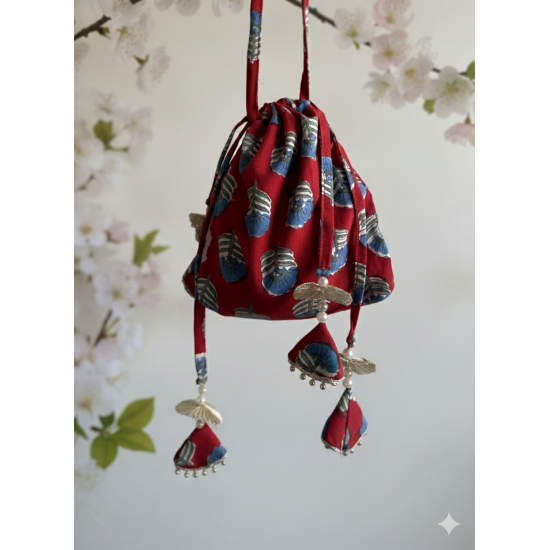 RED MOTIF HANDBLOCKED POTLI BAG