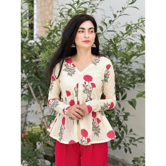 RED FLOWER BOOTA CLAIRE TOP