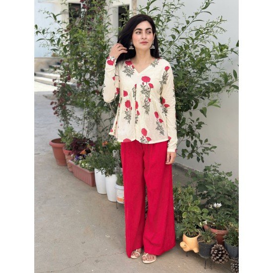 RED FLOWER BOOTA CLAIRE TOP