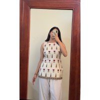 OFF WHITE FLOWER SHORT STRAIGHT KURTI