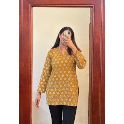 MUSTARD MOTIF HANDBLOCK SHORT STRAIGHT KURTI