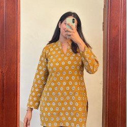 MUSTARD MOTIF HANDBLOCK SHORT STRAIGHT KURTI