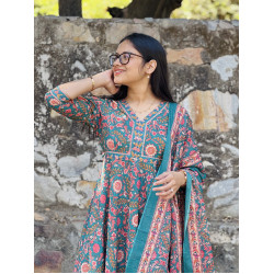 GREEN AND BLUE TURQUOISE FLORALS GHER KURTA SET 