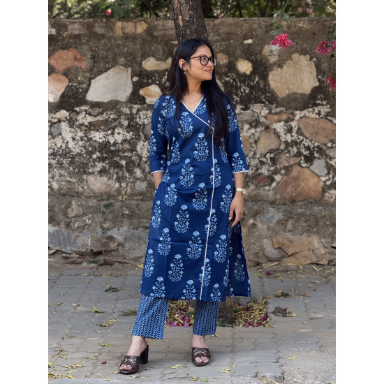 INDIGO LACE WORK KURTA BOTTOM SET