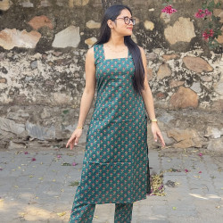 GREEN LITTLE FLORAL MOTIF KURTA BOTTOM SET