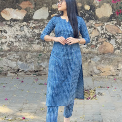 INDIGO ZIG ZAGS MOTIFS KURTA BOTTOM SET