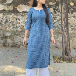 INDIGO ZIG ZAGS MOTIFS LONG STRAIGHT KURTI