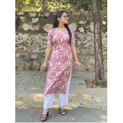 MAUVE FLORAL GOLDEN FOIL LONG STRAIGHT KURTI