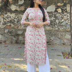 WHITE PINK FLORAL MOTIFS LONG STRAIGHT KURTI