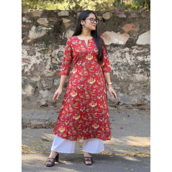 RED FLORALS A LINE KURTI 