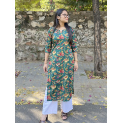 GREEN FLORALS LONG STRAIGHT KURTI