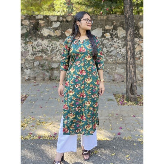 GREEN FLORALS LONG STRAIGHT KURTI