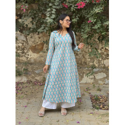 BLUE FLORAL MOTIF A LINE KURTI