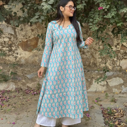 BLUE FLORAL MOTIF A LINE KURTI