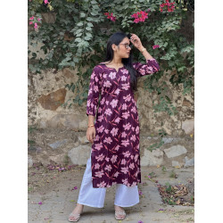 MAROON VINE FLORAL LONG STRAIGHT KURTI