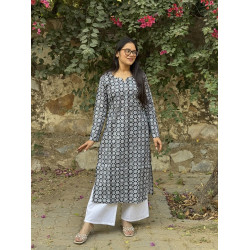 BLACK FLOWER MOTIF THICK COTTON LONG STRAIGHT KURTI