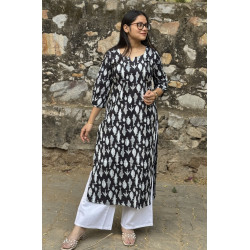 BLACK FISH MOTIF LONG STRAIGHT KURTI