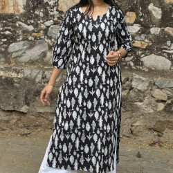 BLACK FISH MOTIF LONG STRAIGHT KURTI