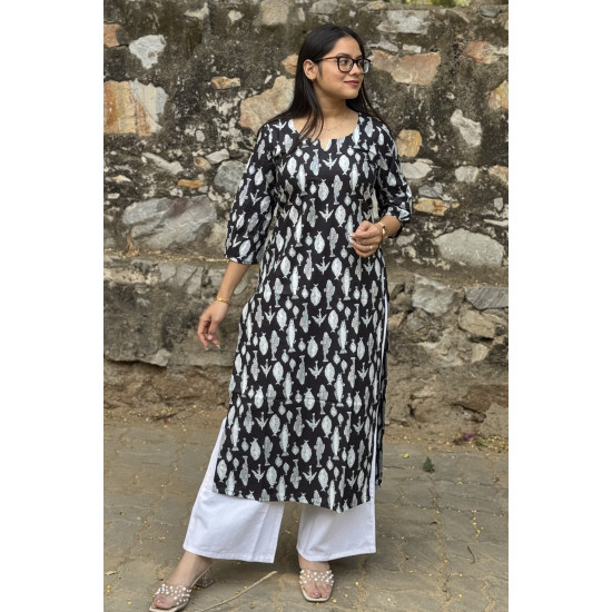 BLACK FISH MOTIF LONG STRAIGHT KURTI